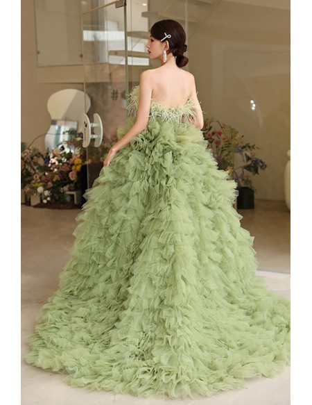 Unique Green Ruffled Tulle Ballgown Prom Dress with Feathers