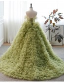 Princess Formal Green Ruffled Ballgown Prom Dress with Feather