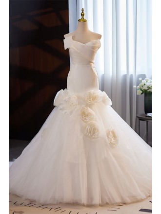 Satin And Tulle Mermaid Wedding Dress with Flowers