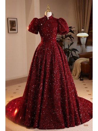 Bubble Sleeved Burgundy Ballgown Prom Dress with Sequins