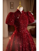 Bubble Sleeved Burgundy Ballgown Prom Dress with Sequins