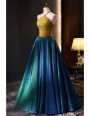 Long Halter Gold And Ombre Color Formal Dress