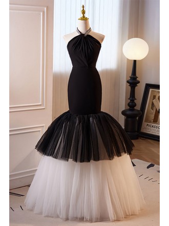 Vogue Black And White Mermaid Long Halter Formal Dress