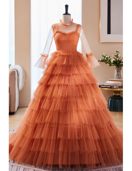 Ruffled Orange Tulle Ballgown Prom Dress with Sheer Sleeves