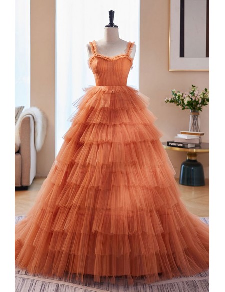 Ruffled Orange Tulle Ballgown Prom Dress with Sheer Sleeves