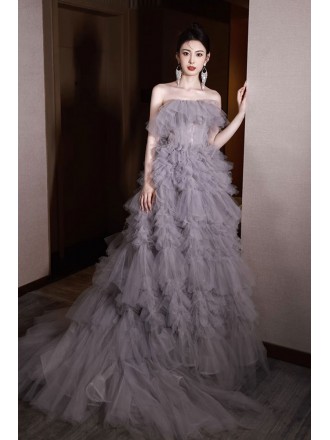 Elegant Grey Ruffled Strapless Prom Dress with Train
