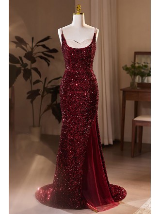 Slim Long Burgundy Mermaid Sequined Prom Dress with Open Back