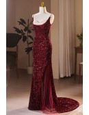 Slim Long Burgundy Mermaid Sequined Prom Dress with Open Back