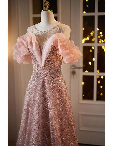 Unique Pink Bling Sequins Long Prom Dress with Ruffles