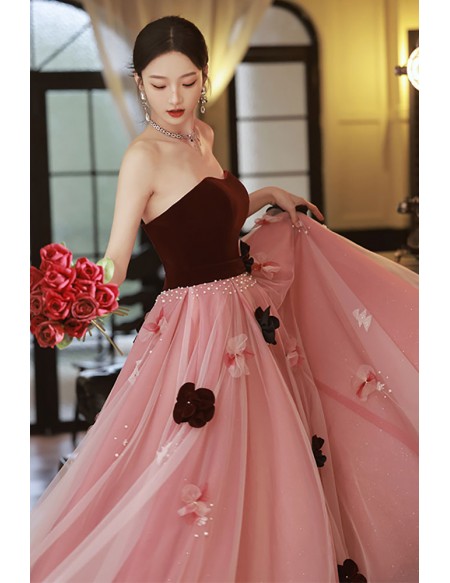 Off Shoulder Pink Tulle Ball Prom Dress with Flowers