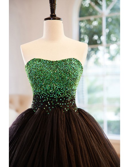 Green And Black Sequined Top Ballgown Prom Dress Strapless
