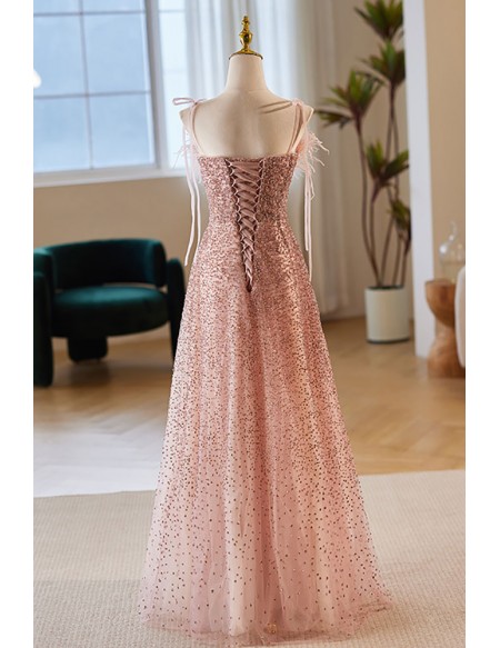 Special Pink Sequined Aline Prom Dress with Spaghetti Straps