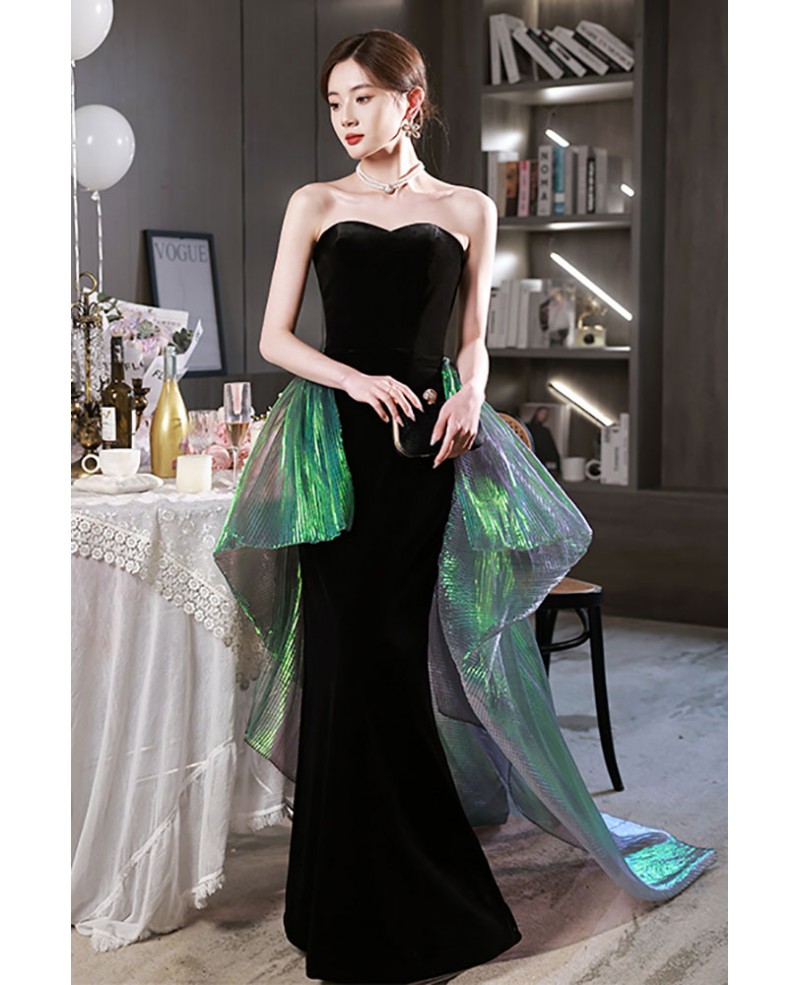 Sexy Black Velvet Evening Dresses 2023 Trumpet / Mermaid Strapless Short  Sleeve Backless Sweep Train Evening Party