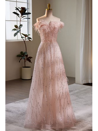 Luxury Pink Sequined Aline Prom Dress Off Shoulder