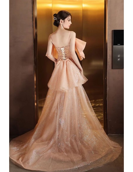Sparkly Champagne Sequined Long Prom Dress with Train