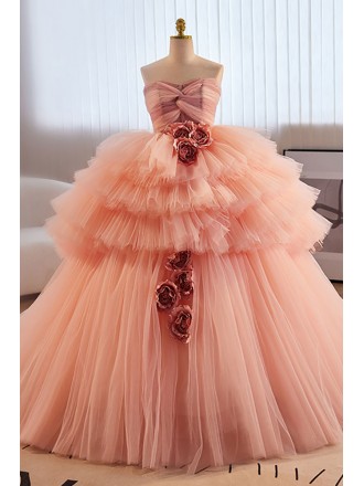Stunning Ruffled Big Ballgown Pink Prom Dress with Train