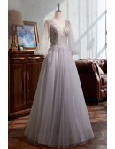 Sparkly Sequined Silver Tulle Prom Dress with Lantern Sleeves