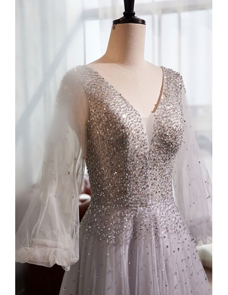 Sparkly Sequined Silver Tulle Prom Dress with Lantern Sleeves