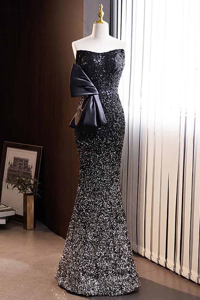 black strapless mermaid formal dress Black Strapless Mermaid Side Slit Long Formal Prom Dress with Bows – Modsele main image 0