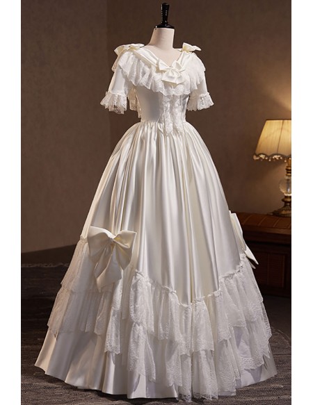 Retro Lace Satin Vintage Wedding Dress with Short Sleeves
