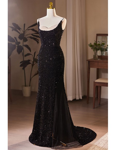 Slim Long Black Mermaid Sequined Prom Dress with Open Back #MX18141 ...
