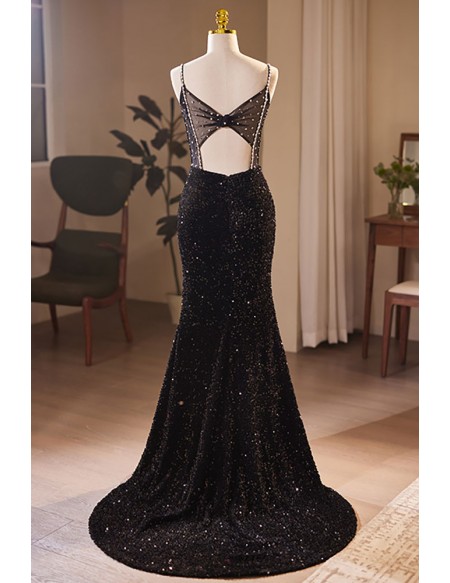 Slim Long Black Mermaid Sequined Prom Dress with Open Back