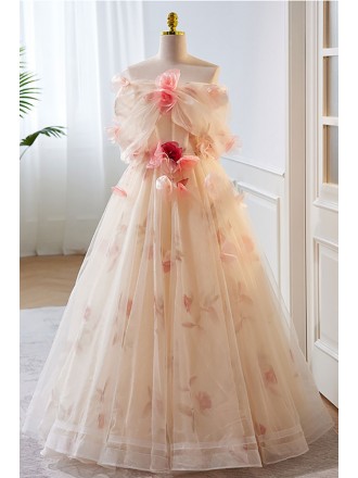 Beautiful Flowers Ballgown Tulle Prom Dress with Petals