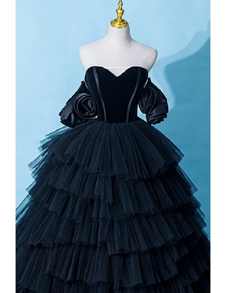 Black Tulle Ruffled Gothic Black Prom Dress