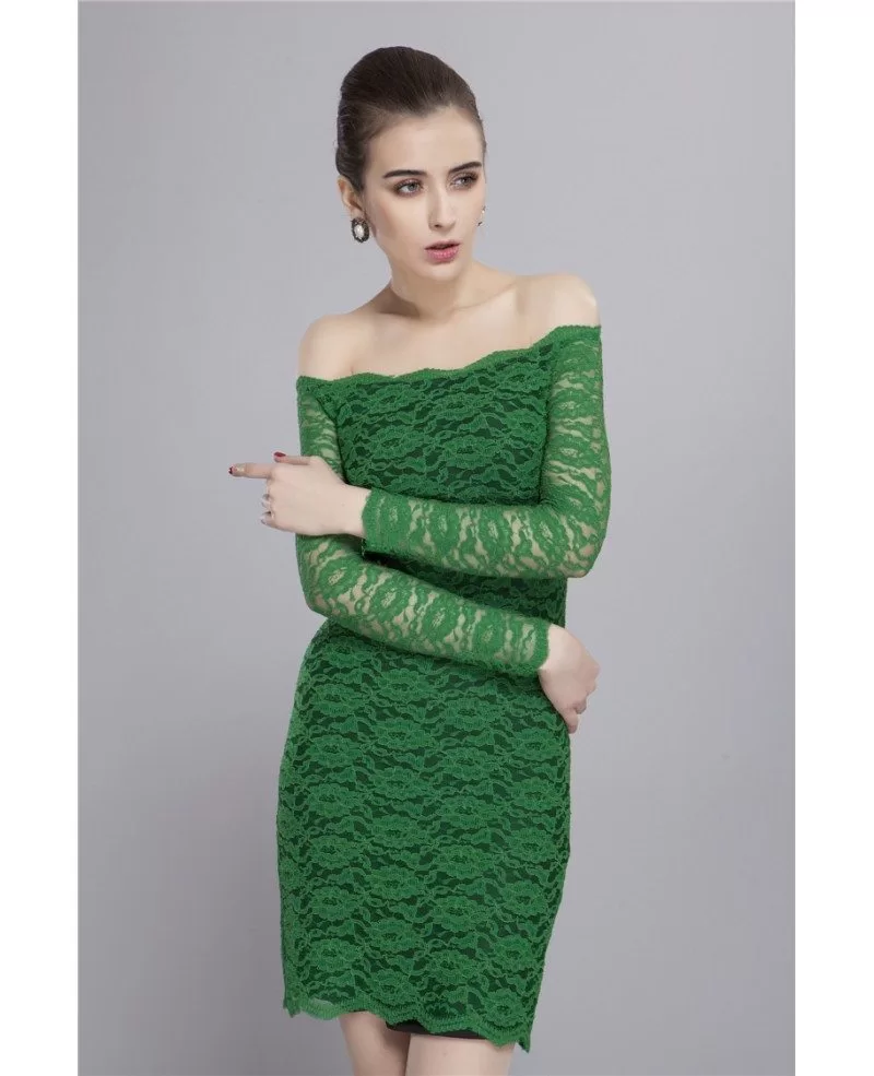 green lace off the shoulder dress