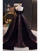 Off Shoulder Black Ballgown Formal Prom Dress with Floral Prints