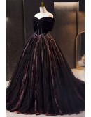 Off Shoulder Black Ballgown Formal Prom Dress with Floral Prints