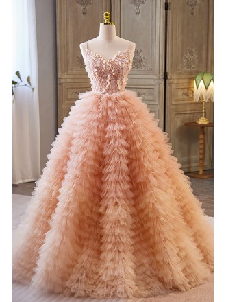 Stunning Puffy Pink Tulle Ballgown Prom Dress with Sequins