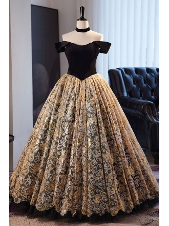 Black And Gold Embroidered Ballgown Prom Dress Off Shoulder