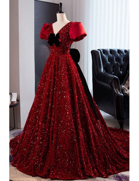 Burgundy Sequined Ballgown Long Prom Dress with Sleeves