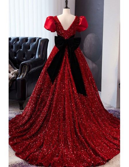 Burgundy Sequined Ballgown Long Prom Dress with Sleeves