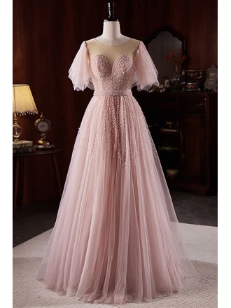 Flowy Pink Tulle Elegant Prom Dress with Sequins Puffy Sleeves