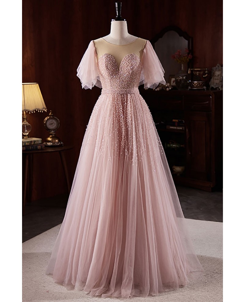 Flowy Pink Tulle Elegant Prom Dress with Sequins Puffy Sleeves #MX18074 -  GemGrace.com