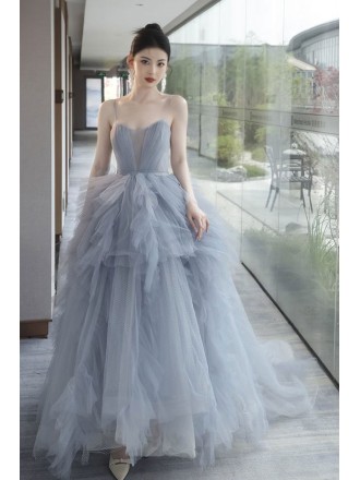 Dusty Blue Ruffled Tulle Ballgown Prom Dress with Spaghetti Straps