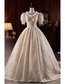 Ivory Vintage Ballgown Wedding Dress Vneck with Short Sleeves