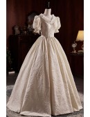 Ivory Vintage Ballgown Wedding Dress Vneck with Short Sleeves