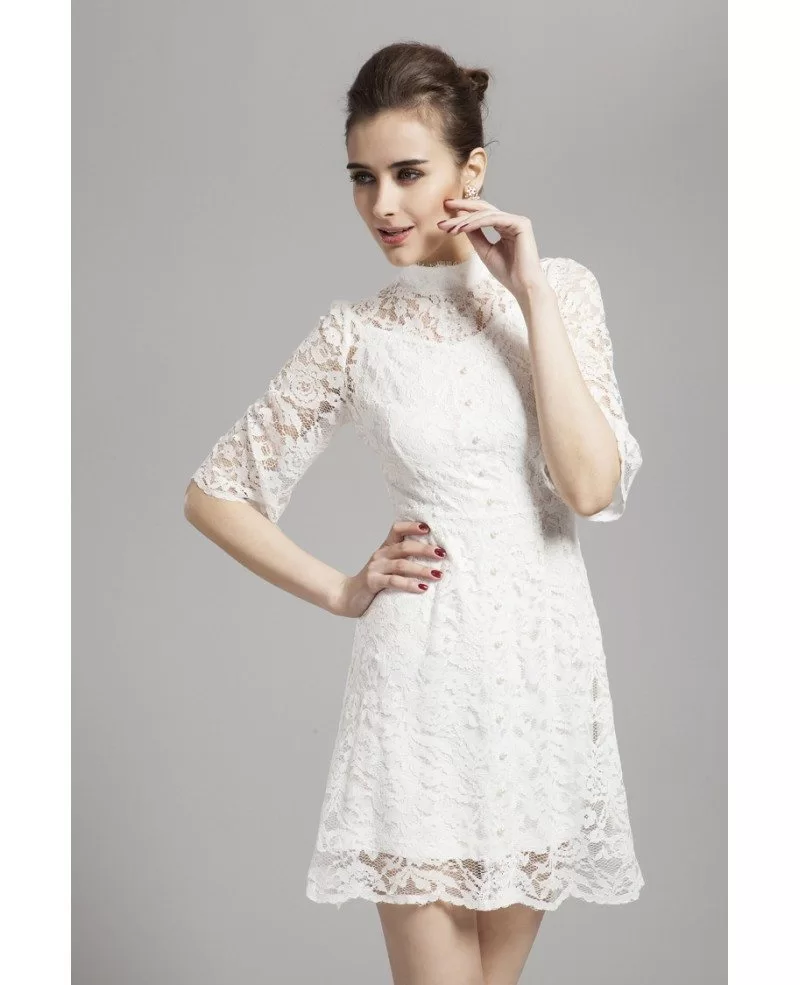 Gorgeous High Neck White Lace Cocktail Dress with Long Sleeves #DK147 ...