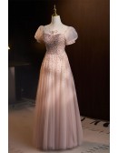 Bubble Sleeved Sequined Champagne Aline Prom Dress