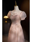 Bubble Sleeved Sequined Champagne Aline Prom Dress