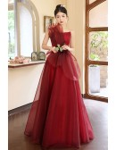 Elegant Burgundy Tulle Long Prom Dress For Special Occasions