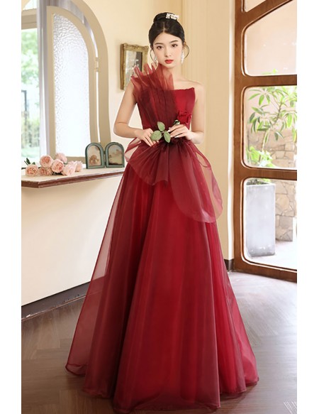 Elegant Burgundy Tulle Long Prom Dress For Special Occasions