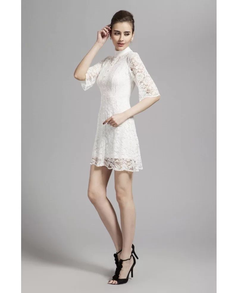 Gorgeous High Neck White Lace Cocktail Dress with Long Sleeves #DK147 ...