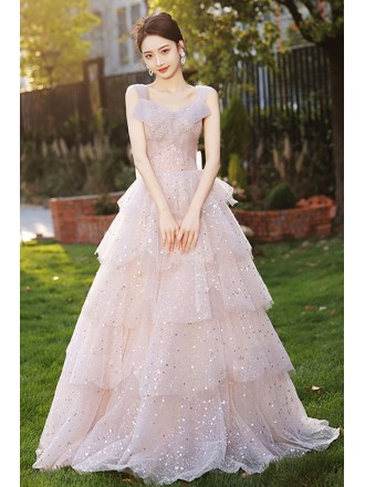 Off Shoulder Bling Sequined Pink Prom Dress
