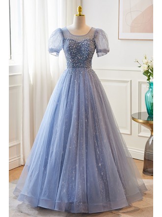 Modest Blue Bubble Sleeved Ballgown Prom Dress with Sequins