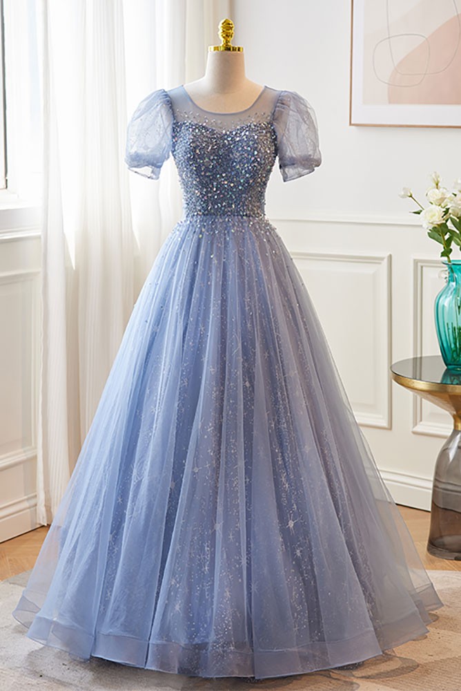 Modest Blue Bubble Sleeved Ballgown Prom Dress with Sequins #MX18127 ...