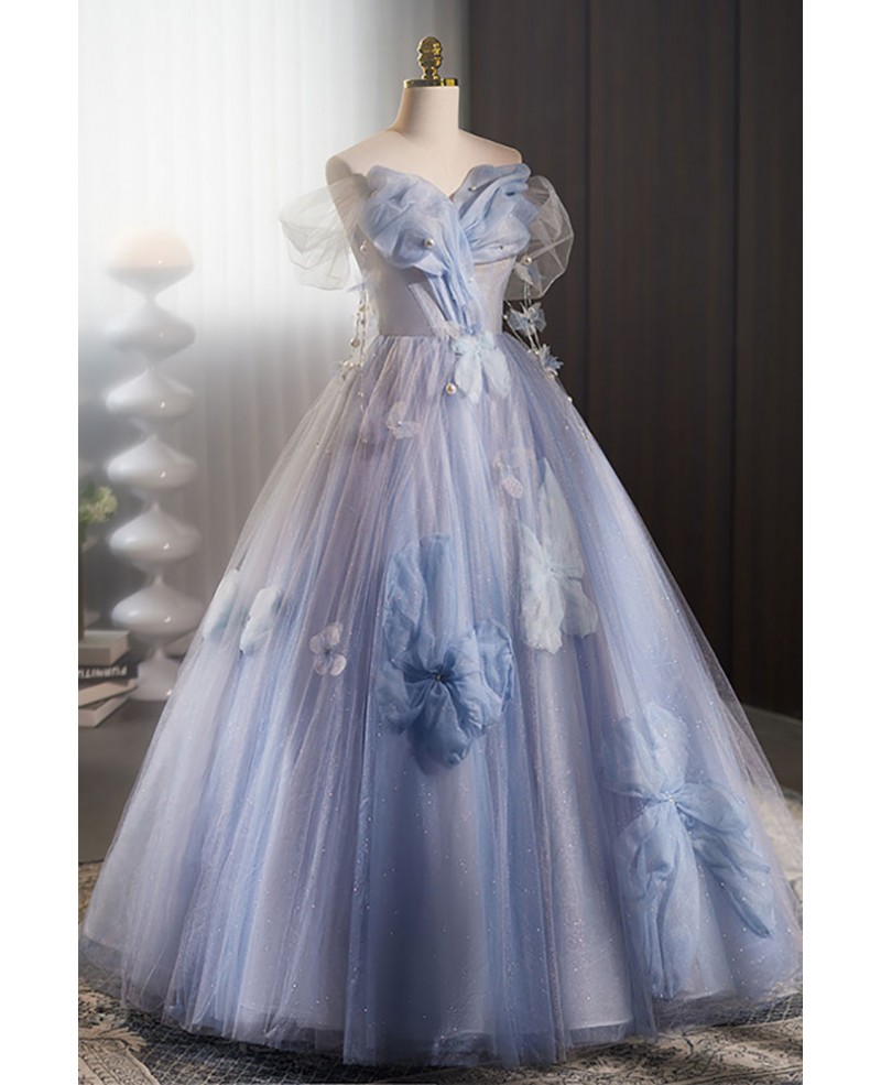 Fairytale Blue Ballgown Princess Prom Dress with Flowers #MX18130 ...